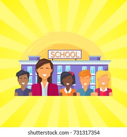 School with smiling teacher and children in front of it. Vector illustration with happy people and bright building on yellow background with rays