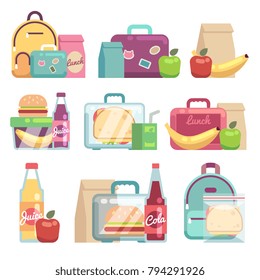 School Snacks Bags. Healthy Food In Kids Lunch Boxes Vector Set. Sandwich And Snack In Lunch Box Illustration