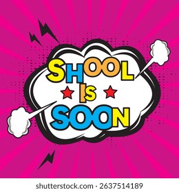  school is soon text vector design. Welcome back to school greeting in doodle space for typography with pencil, bulb, chalkboard and arts materials elements. Vector illustration school greeting