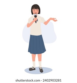 School Speech and Presentation concept. Confident Thai student in School Uniform Speaking with Microphone.