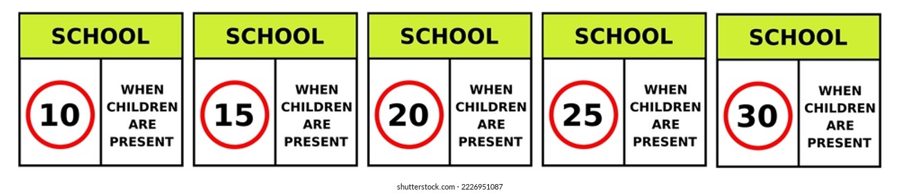 Límite de velocidad escolar, señalización de los niños presentes, en la conducción derecha, ilustración vectorial
