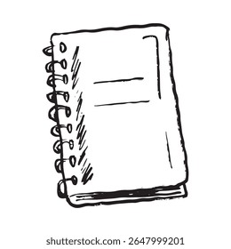 School spiral notebook in black brush stroke texture isolated on white. Hand drawn vector sketch illustration in vintage charcoal ink. Back to school, personal diary, writing book, study process