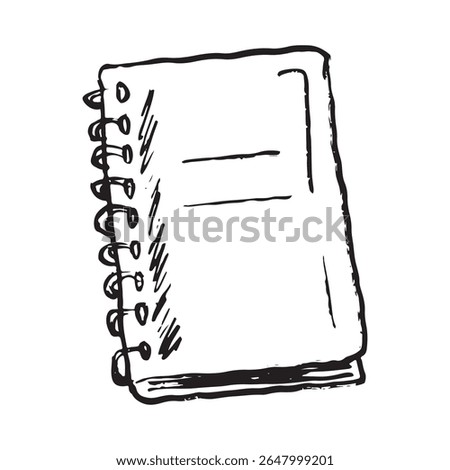 School spiral notebook in black brush stroke texture isolated on white. Hand drawn vector sketch illustration in vintage charcoal ink. Back to school, personal diary, writing book, study process