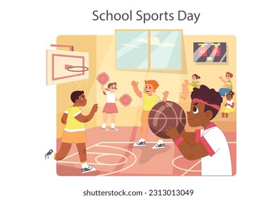 School sport day. Physical education or sport competition. Students doing exercise in the gym with sport equipment. Team training and competition. Flat vector illustration