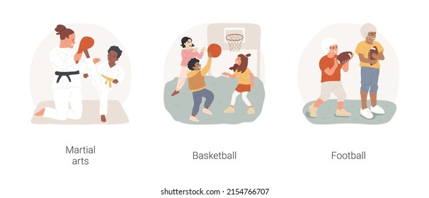 School sport electives isolated cartoon vector illustration set. Martial arts school, children play basketball, american football training for kids, physical activity, sport class vector cartoon.