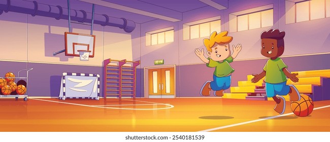 School sport gym for basketball cartoon vector. Gymnasium court interior for kid ball game. Boy player on indoor basket field for competition or training. Children on arena in campus for soccer day