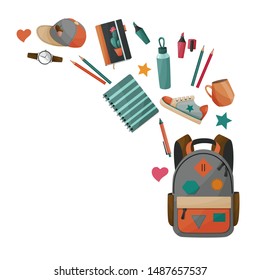 School and sport supplies concept for boys. Vector background.