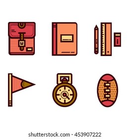 School and sport vector icon set. Backpack notebook writing tools pennant stopwatch football. Red orange brown.
