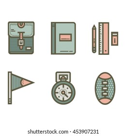 School and sport vector icon set. Backpack notebook writing tools pennant stopwatch football. Blue pink brown.