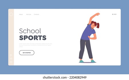 School Sports Landing Page Template. Little Girl Doing Morning Exercises. Wellness, Sport and Healthy Habits Concept. Kid Workout at Gym, Healthy Sports, Body Training. Cartoon Vector Illustration