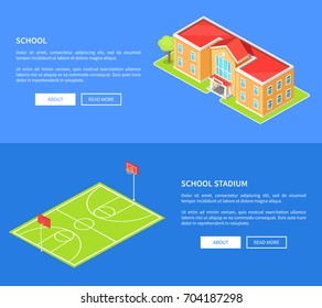 School stadium and educational establishment three dimensional vector illustration with basketball field and building isolated on blue web posters