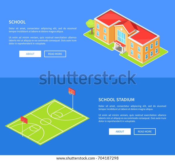 School stadium and educational establishment\
three dimensional vector illustration with basketball field and\
building isolated on blue web\
posters