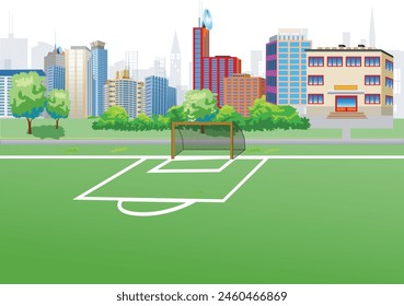 Campo de fútbol del estadio escolar en la ciudad moderna con la vista de la puerta del campo. Ilustración vectorial.