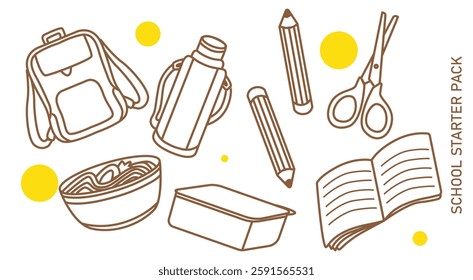 School starter kit line art, doodle, hand drawing for background