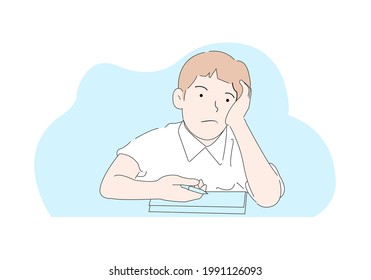 School starts. Children sit at the table. Tired of studying illustration.