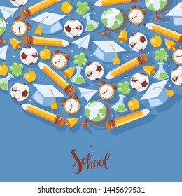 School stationary banner, poster vector illustration. Kids education equipment. School supplies, colorful office accessories such as football, globe, bell, pencil, apple.