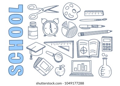 School stationary equipment set, back to school icons hand drawn vector illustration