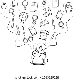 school stationary flowing in bag . back to school concept . education concept with doodle style. 