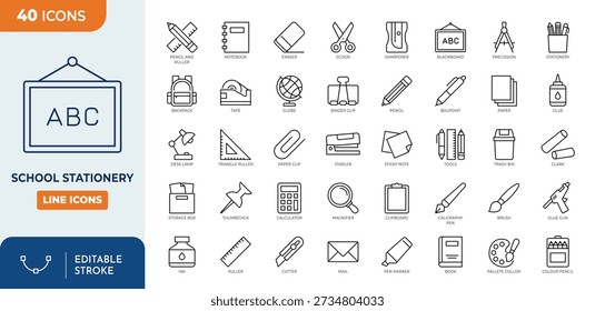 School stationary line editable icon set. Contain icons related to school supplies, pencil, ruler, pen, notebook, and more. Editable stroke. Vector illustration
