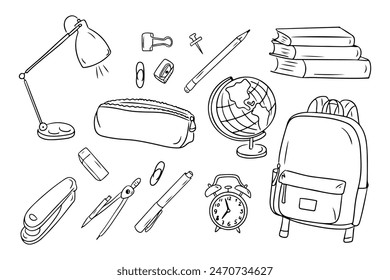 School stationary outline doodle set with all related items. Monochrome educational outline stickers. Clipart of sketchy contour drawings isolated on white background