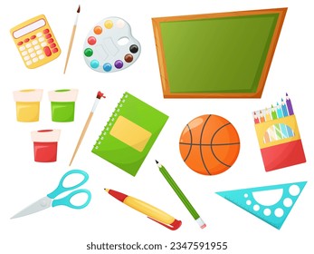 School stationary set. Back to school poster, banner design cartoon elements isolated on white.
