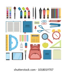 School stationary set. Pens and rulers, books and backpack.