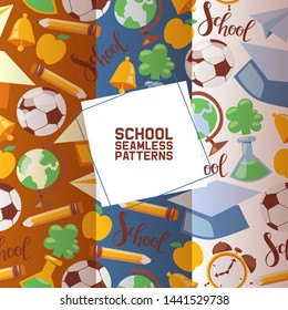 School stationary set of seamless patterns vector illustration. Kids education equipment. School supplies, colorful office accessories such as football, globe, bell, pencil, apple.