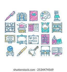 school stationery accessories doodle icons set vector. sketch line art shelf with goblets award and backpack, pen and tassel, school educational book and notebook, blackboard color illustrations