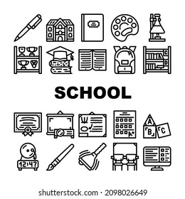 School Stationery Accessories Icons Set Vector. Shelf With Goblets Award And Backpack, Pen And Tassel, School Educational Book And Notebook, Blackboard And Certificate Black Contour Illustrations