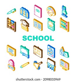 School Stationery Accessories Icons Set Vector. Shelf With Goblets Award And Backpack, Pen And Tassel, School Educational Book And Notebook, Blackboard Certificate Isometric Sign Color Illustrations