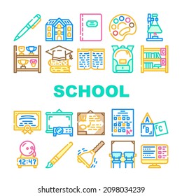School Stationery Accessories Icons Set Vector. Shelf With Goblets Award And Backpack, Pen And Tassel, School Educational Book And Notebook, Blackboard And Certificate Line. Color Illustrations