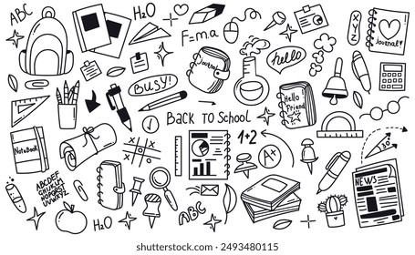 School stationery and Art Supplies doodle set. Vector illustration in line. Back to school.