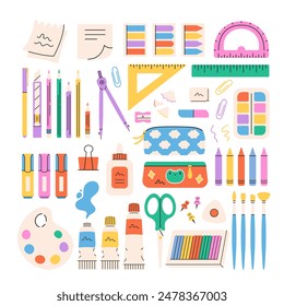 School stationery and art supplies set. Accessories for study. Back to school. Vector illustration in flat style