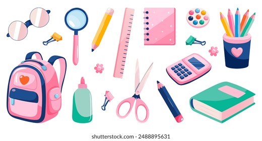 School stationery and art supplies set isolated on white. School cartoon icons collection. Back to School concept. Vector illustration.