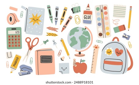 School stationery and Art Supplies Set, cartoon. Kawaii accessories for study, student equipment. Back to school.
