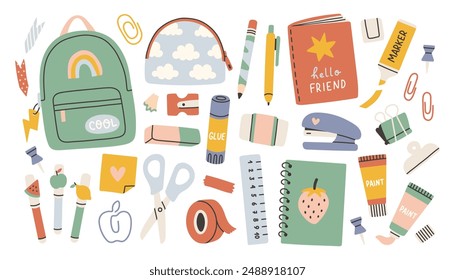 School stationery and Art Supplies Set, cartoon. Kawaii accessories for study, student equipment. Back to school.