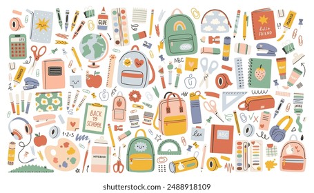 School stationery and Art Supplies Set, cartoon. Kawaii accessories for study, student equipment. Back to school.