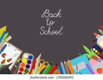 School stationery banner template. Black board with a chalk inscription Back to school. Card, sale, happy teachers day, beginning of the school year. Vector elements under clipping mask, editable