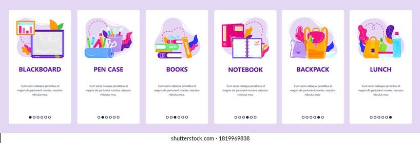 Papel escolar, pizarra, mochila, material para el almuerzo escolar. Pantallas de conexión de aplicaciones móviles. Plantilla de banner vectorial para el desarrollo de sitios web y móviles. ilustración de diseño de sitio Web.