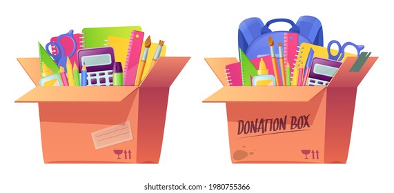 School stationery in cardboard box. Volunteering donate, charity aid for poor. Education supplies for children study. Vector cartoon donation box with backpack, notebooks, pens, pencils and rules