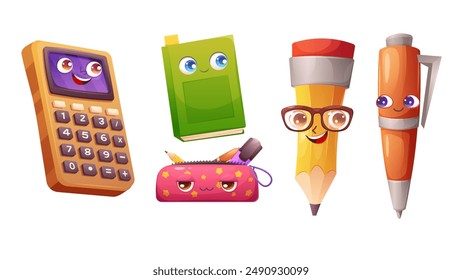 School stationery cartoon characters. Calculator, pencil case, pencil, book with eyes. Vector elements for design, back to school