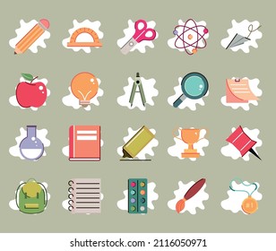 school stationery cartoon icons pack