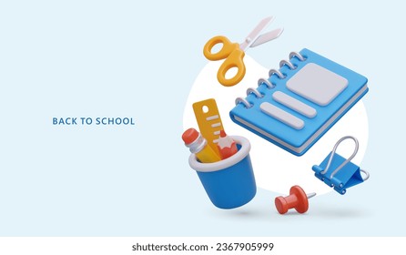 School stationery in cartoon style. Realistic items for learning. Back to school. Horizontal shop advertisement, place for logo, promotional ad, button