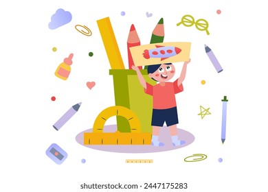 School stationery concept with people scene in flat cartoon design. This image shows a happy boy and the stationery that every schoolchild needs. Vector illustration.