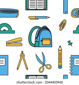 School Stationery. Cute seamless pattern. Colorful flat illustration
