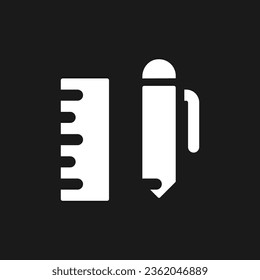 School stationery dark mode glyph ui icon. Pen with ruler. User interface design. White silhouette symbol on black space. Solid pictogram for web, mobile. Vector isolated illustration