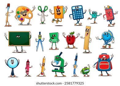 School stationery and education funny groovy characters, vector back to school retro personages. Cartoon pencil, book and pen, student bag, globe and ruler. Groovy scissors, paint and brush characters