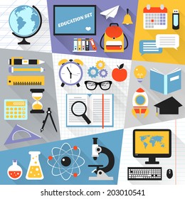 School stationery education science e-learning flat set isolated vector illustration