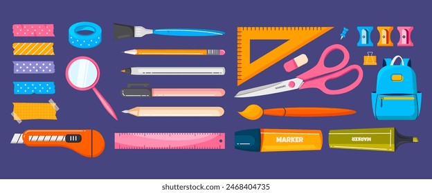 School stationery element collection in flat cartoon style. Pen, pencil, scissors, colorful tape, backpack, brush and ruler. Back to school elements for poster, flyer, banner. 