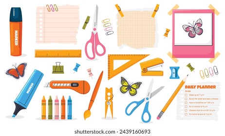 School stationery elements and ripped paper notes, strips, stickers. Lovely Photo frame. Scissors, pen, pencil, marker, ruler and other school supplies. Vector scrapbooking set.